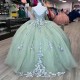 Shiny Sage Green Quinceanera Dresses Ball Gown Floral Applique Lace Flower Sweet 16 Dresses Birthday Party Prom vestidos de 15