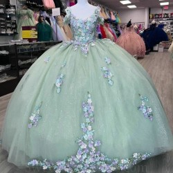 Shiny Sage Green Quinceanera Dresses Ball Gown Floral Applique Lace Flower Sweet 16 Dresses Birthday Party Prom vestidos de 15