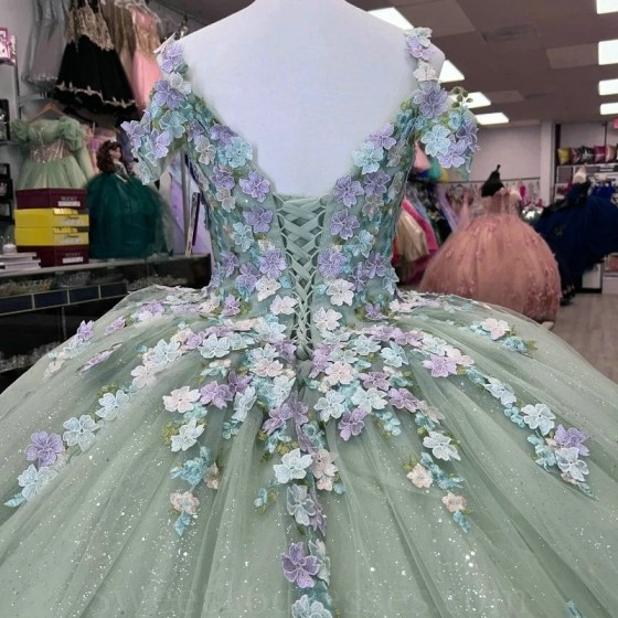 Shiny Sage Green Quinceanera Dresses Ball Gown Floral Applique Lace Flower Sweet 16 Dresses Birthday Party Prom vestidos de 15