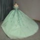 Shiny Sage Green Quinceanera Dresses Off The Shoulder Princess Beads Crystal Tull Sweet 16 Birthday Party Ball Gown Vestido De