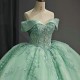 Shiny Sage Green Quinceanera Dresses Off The Shoulder Princess Beads Crystal Tull Sweet 16 Birthday Party Ball Gown Vestido De