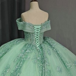 Shiny Sage Green Quinceanera Dresses Off The Shoulder Princess Beads Crystal Tull Sweet 16 Birthday Party Ball Gown Vestido De