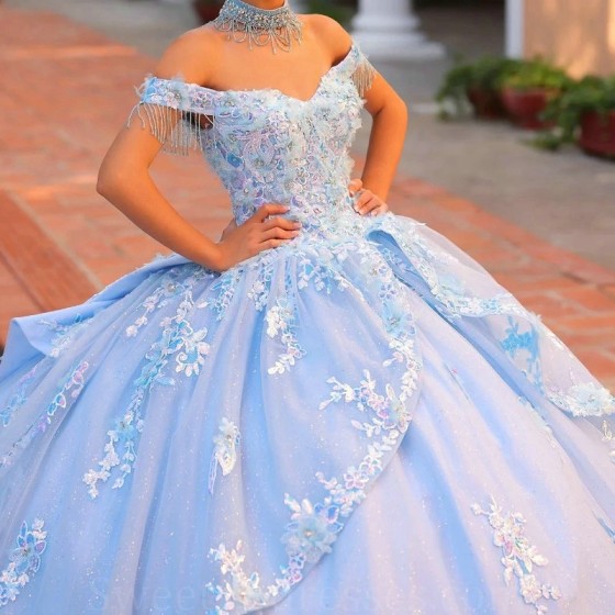 Shiny Sky Blue Princess Ball Gown Elegant Quinceanera Dress Classic Sequined Applique Lace Beads Bow Sweet 16 Dress Vestido De