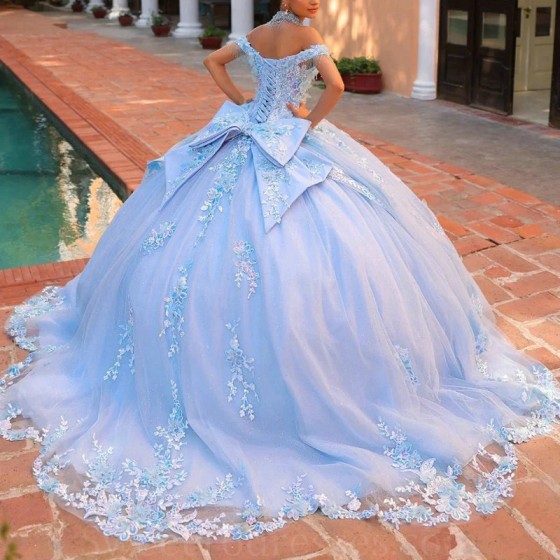 Shiny Sky Blue Princess Ball Gown Elegant Quinceanera Dress Classic Sequined Applique Lace Beads Bow Sweet 16 Dress Vestido De