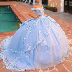 Shiny Sky Blue Princess Ball Gown Elegant Quinceanera Dress Classic Sequined Applique Lace Beads Bow Sweet 16 Dress Vestido De