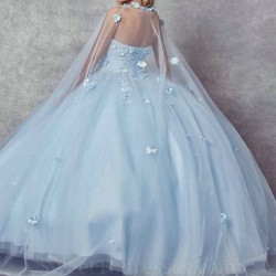 Shiny Sky Blue Quinceanera Dresses Princess Sweet 15 Years Girl Birthday Party Dresses Appliques Lace With Cape vestidos 15 de