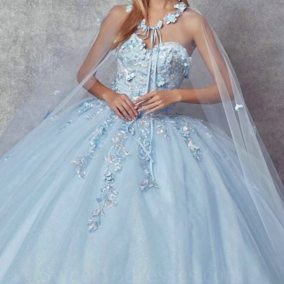 Shiny Sky Blue Quinceanera Dresses Princess Sweet 15 Years Girl Birthday Party Dresses Appliques Lace With Cape vestidos 15 de