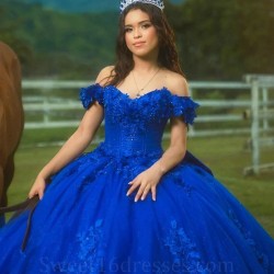 Shiny Tulle Blue Quinceanera Dress Applique Lace Beading Floral Off the Shoulder Ball Gown Sweet 16Party Princess Dress vestidos