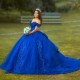 Shiny Tulle Blue Quinceanera Dress Applique Lace Beading Floral Off the Shoulder Ball Gown Sweet 16Party Princess Dress vestidos