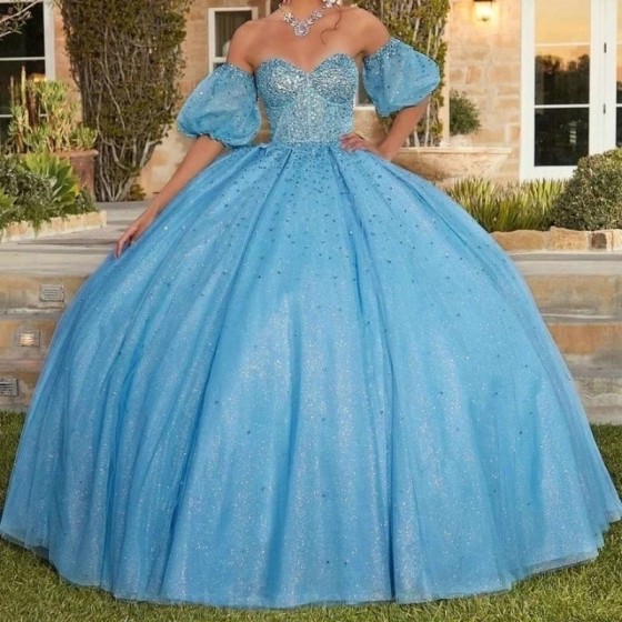 Short Sleeves Sky Blue Shiny Quinceanera Dresses Ball Gown Beads Crystal Vestidos Para Quinceanera 2024 Brithday Party Gown