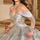 Silvery Off Shoulder Quinceanera Dresses Ball Gown Applique Lace Beads Crystal Tull Long Sleeves Sweet 16 Dress Vestidos De 15