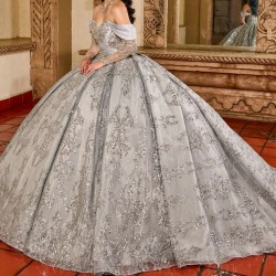 Silvery Off Shoulder Quinceanera Dresses Ball Gown Applique Lace Beads Crystal Tull Long Sleeves Sweet 16 Dress Vestidos De 15