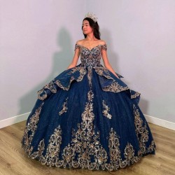 Sleeveless Navy Blue Shiny Quinceanera Dresses With Gold Appliques Lace Beads Lace-Up Corset Prom Sweet 16 Vestido De 15 Anos