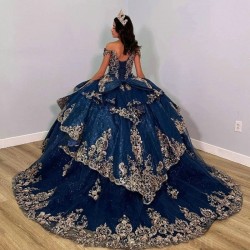 Sleeveless Navy Blue Shiny Quinceanera Dresses With Gold Appliques Lace Beads Lace-Up Corset Prom Sweet 16 Vestido De 15 Anos