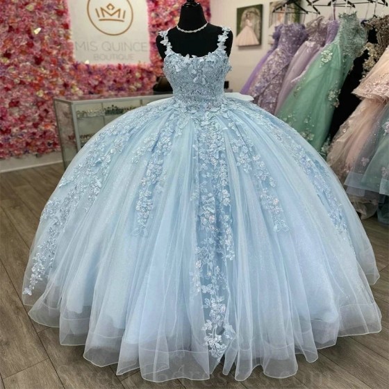 Sleeveless Sky Blue Shiny Elegant Quinceanera Dresses Beaded Appliques Bow Flower Ball Gown Vestidos De 15 Anos Sweet 16