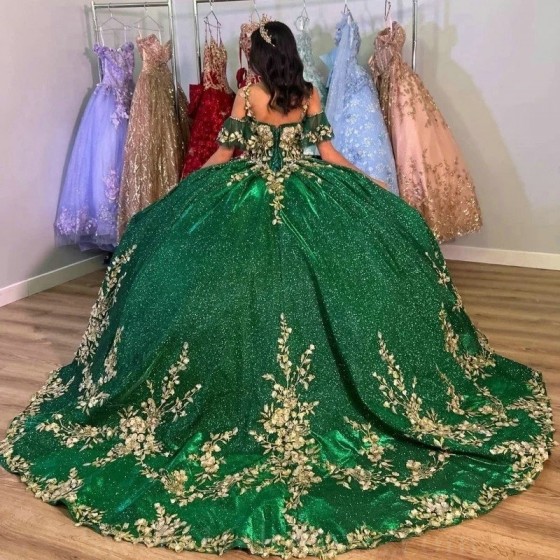 Spaghetti Strap Ball Gown Green Quinceanera Dresses Gold Lace Appliques Flowers Corset Back Formal Birthday Vestidos De 15