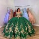 Spaghetti Strap Ball Gown Green Quinceanera Dresses Gold Lace Appliques Flowers Corset Back Formal Birthday Vestidos De 15