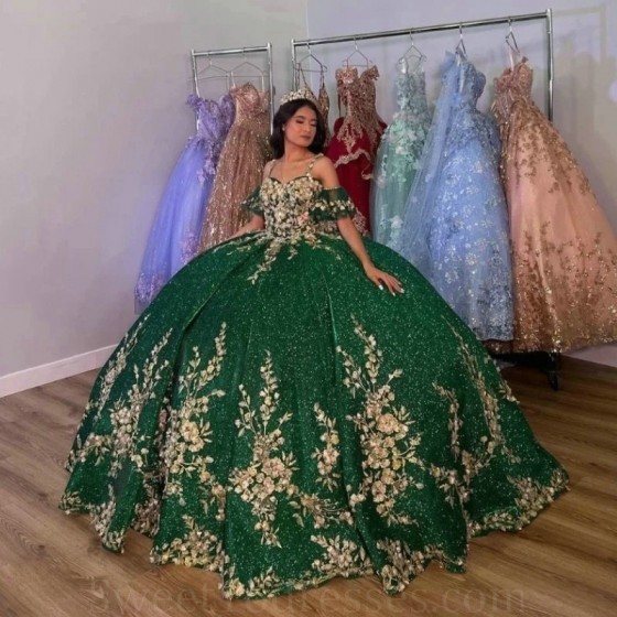 Spaghetti Strap Ball Gown Green Quinceanera Dresses Gold Lace Appliques Flowers Corset Back Formal Birthday Vestidos De 15