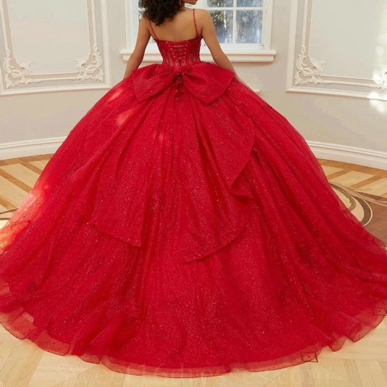 Spaghetti Strap Red Shiny Princess Quinceanera Dress Ball Gown Lace Applique Beading Bow Corset Sweet 16 Dress Vestido 15De Anon