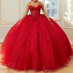 Spaghetti Strap Red Shiny Princess Quinceanera Dress Ball Gown Lace Applique Beading Bow Corset Sweet 16 Dress Vestido 15De Anon