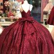 Spaghetti Strap Red Shiny Princess Sexy Ball Gown Quinceanera Dresses Sweet 16 Party Lace Applique Crystal Beads Birthday Gowns