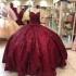 Spaghetti Strap Red Shiny Princess Sexy Ball Gown Quinceanera Dresses Sweet 16 Party Lace Applique Crystal Beads Birthday Gowns