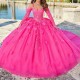 Spaghetti Strap Rose Red Quinceanera Dress Ball Gown Appliques Lace Flower Beads Tull Vestidos De 15 Anos Sweet 16 Dress