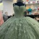 Spaghetti Strap Sage Green Shiny Ball Gown Quinceanera Dresses Sweetheart Beads Bow Brithday Dance Party Vestidos De Quinceanera