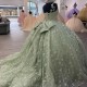 Spaghetti Strap Sage Green Shiny Ball Gown Quinceanera Dresses Sweetheart Beads Bow Brithday Dance Party Vestidos De Quinceanera