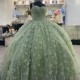 Spaghetti Strap Sage Green Shiny Ball Gown Quinceanera Dresses Sweetheart Beads Bow Brithday Dance Party Vestidos De Quinceanera