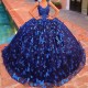 Spaghetti Straps Navy Blue Shiny Quinceanera Dresses Ball Gown Appliques Bow Beaded Mexican Sweet 16 Dresses 15 Anos