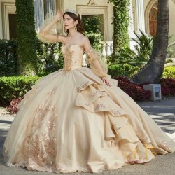 Sparkly Champagne Princess Quinceanera Dresses Applique Lace Beads Long Sleeved Ball Gown Sweet 15th Dress