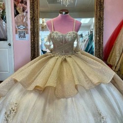 Sparkly Champagne Spaghetti Strap Sweetheart Princess Ball Gown Quinceanera Dresses Appliques Flower Crystal Sweet 16 Dress