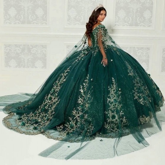 Sparkly Emerald Green Ball Gown Quinceanera Dresses With Cape Flowers Appliques Crystals Sweet 16 Dress Vestidos De 15 Anos