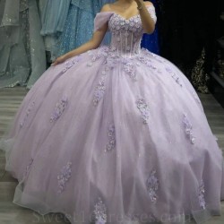 Sparkly Lavender Quinceanera Dress Ball Gown Off The Shoulder 3D Floral Applique Beaded Tull Corset Sweet 16 Vestidos De 15 Anos