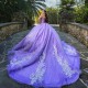 Sparkly Lavender Quinceanera Dress Ball Gown Off The Shoulder Applique Lace Beaded Crystal Tull Corset Sweet 16 Vestidos De 15