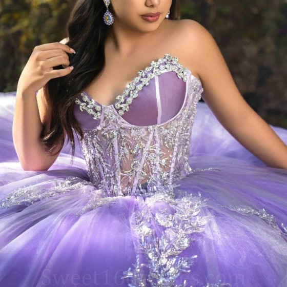 Sparkly Lavender Quinceanera Dress Ball Gown Off The Shoulder Applique Lace Beaded Crystal Tull Corset Sweet 16 Vestidos De 15