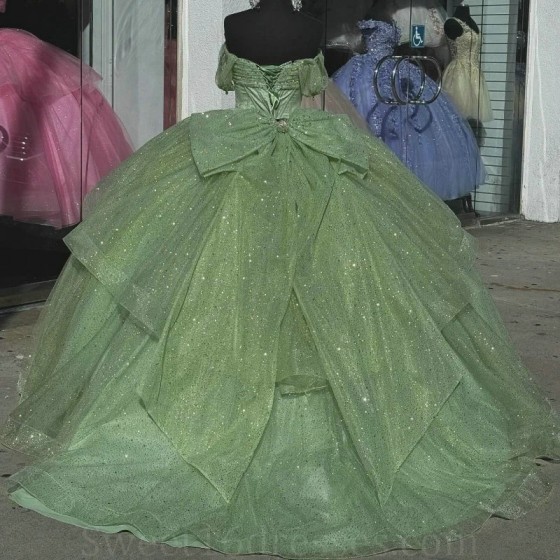 Sparkly Mint Green Sweetheart Quinceanera Dresses Off The Shoulder Ball Gown Beads Crystal Princess Dress