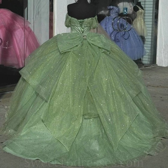 Sparkly Mint Green Sweetheart Quinceanera Dresses Off The Shoulder Ball Gown Beads Crystal Princess Dress