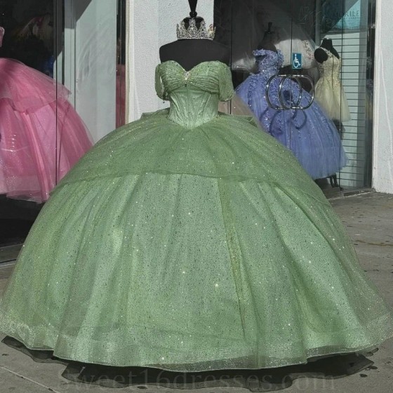 Sparkly Mint Green Sweetheart Quinceanera Dresses Off The Shoulder Ball Gown Beads Crystal Princess Dress