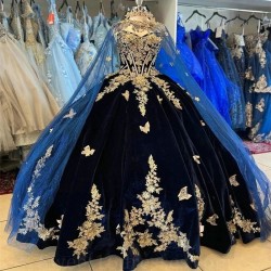 Sparkly Navy Blue Quinceanera Dresses Formal Luxury Party Beading Gold Lace Appliques Bow Sweet 15 Dress Graduation Ball Gwon