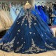 Sparkly Navy Blue Quinceanera Dresses Formal Luxury Party Beading Gold Lace Appliques Bow Sweet 15 Dress Graduation Ball Gwon