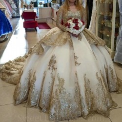 Sparkly O-Neck Ball Gown Quinceanera Dresses Long Sleeves Sequined Gold Appliques Crystal lace-up Sweet 16 Vestidos De 15 Anos