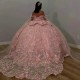 Sparkly Pink Crystal Appliques 3DFlower Quinceanera Dresses Ball Gown Sleeveless Beading Ruffles Corset For Sweet 15 Girls