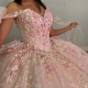 Sparkly Pink Crystal Appliques 3DFlower Quinceanera Dresses Ball Gown Sleeveless Beading Ruffles Corset For Sweet 15 Girls