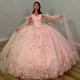 Sparkly Pink Crystal Appliques 3DFlower Quinceanera Dresses Ball Gown Sleeveless Beading Ruffles Corset For Sweet 15 Girls