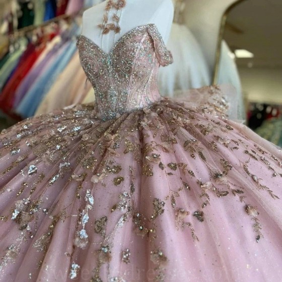 Sparkly Pink Princess Quinceanera Dresses Ball Gown Glitter Gold Appliques Lace Crystals Beads Sweet 15th Dress