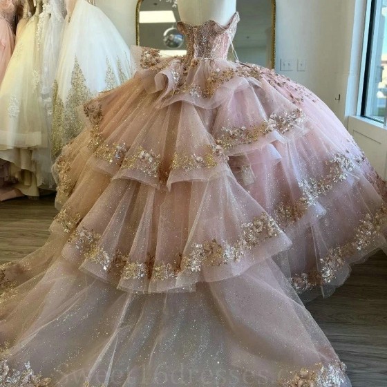 Sparkly Pink Princess Quinceanera Dresses Ball Gown Glitter Gold Appliques Lace Crystals Beads Sweet 15th Dress