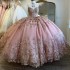 Sparkly Pink Princess Quinceanera Dresses Ball Gown Glitter Gold Appliques Lace Crystals Beads Sweet 15th Dress