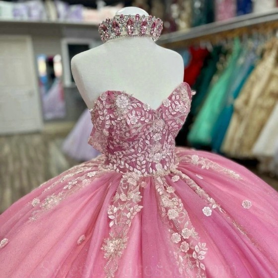 Sparkly Pink Quinceanera Dress Ball Gown Rhinestone Applique Crystal Beaded Flounced Sweet 16 Vestido De 15 Anos